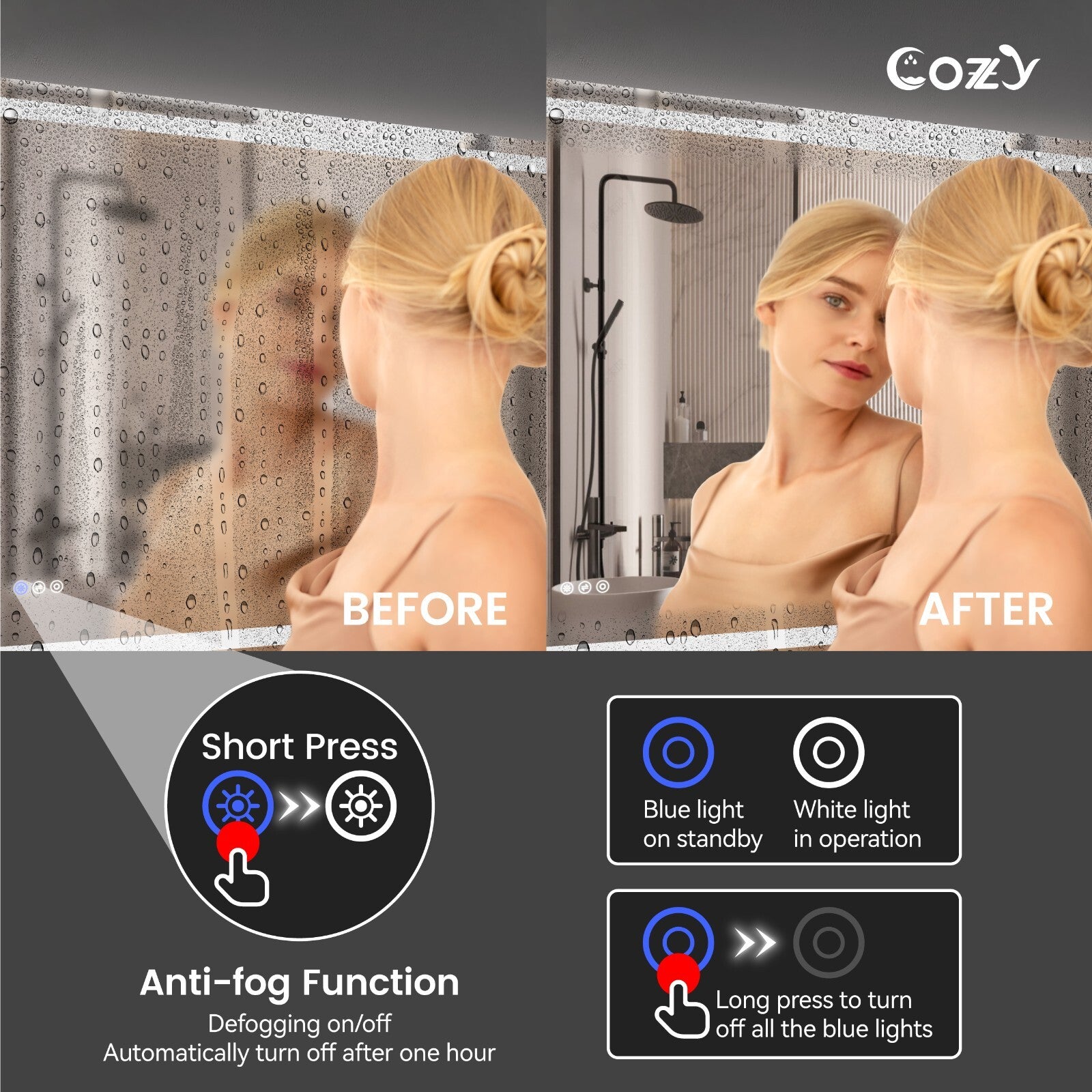 28x36'' LED Bathroom Mirror Wall Vanity Mirror Dimmable Anti-fog Tempered Glass
