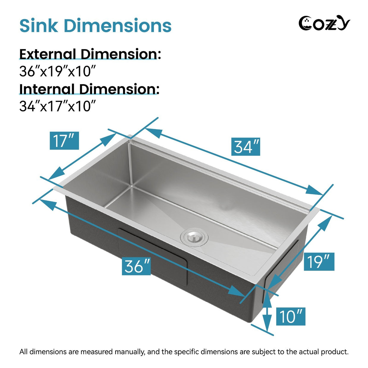 Cozy undermount stainless steel Brush Nickel sink 36x19x10 inch with accessory