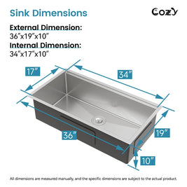 Cozy undermount stainless steel Brush Nickel sink 36x19x10 inch with accessory