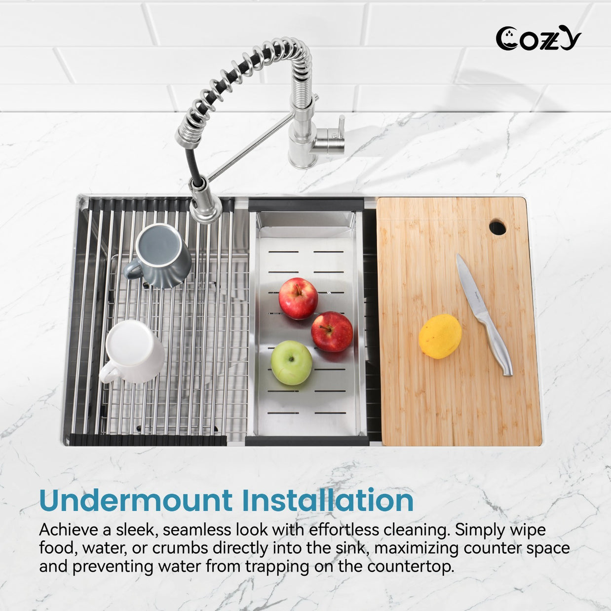 Cozy undermount stainless steel Brush Nickel sink 36x19x10 inch with accessory