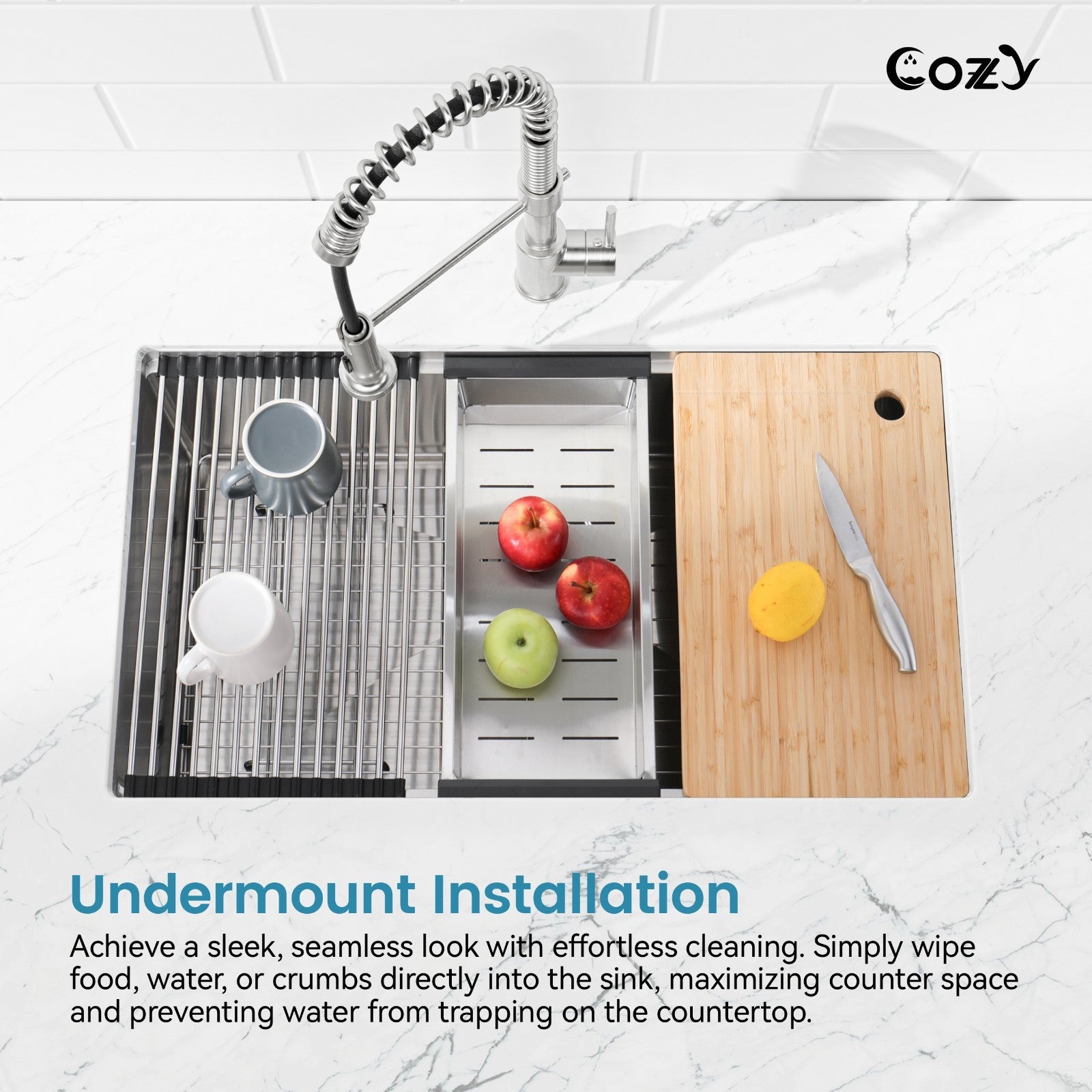 Cozy undermount stainless steel Brush Nickel sink 36x19x10 inch with accessory
