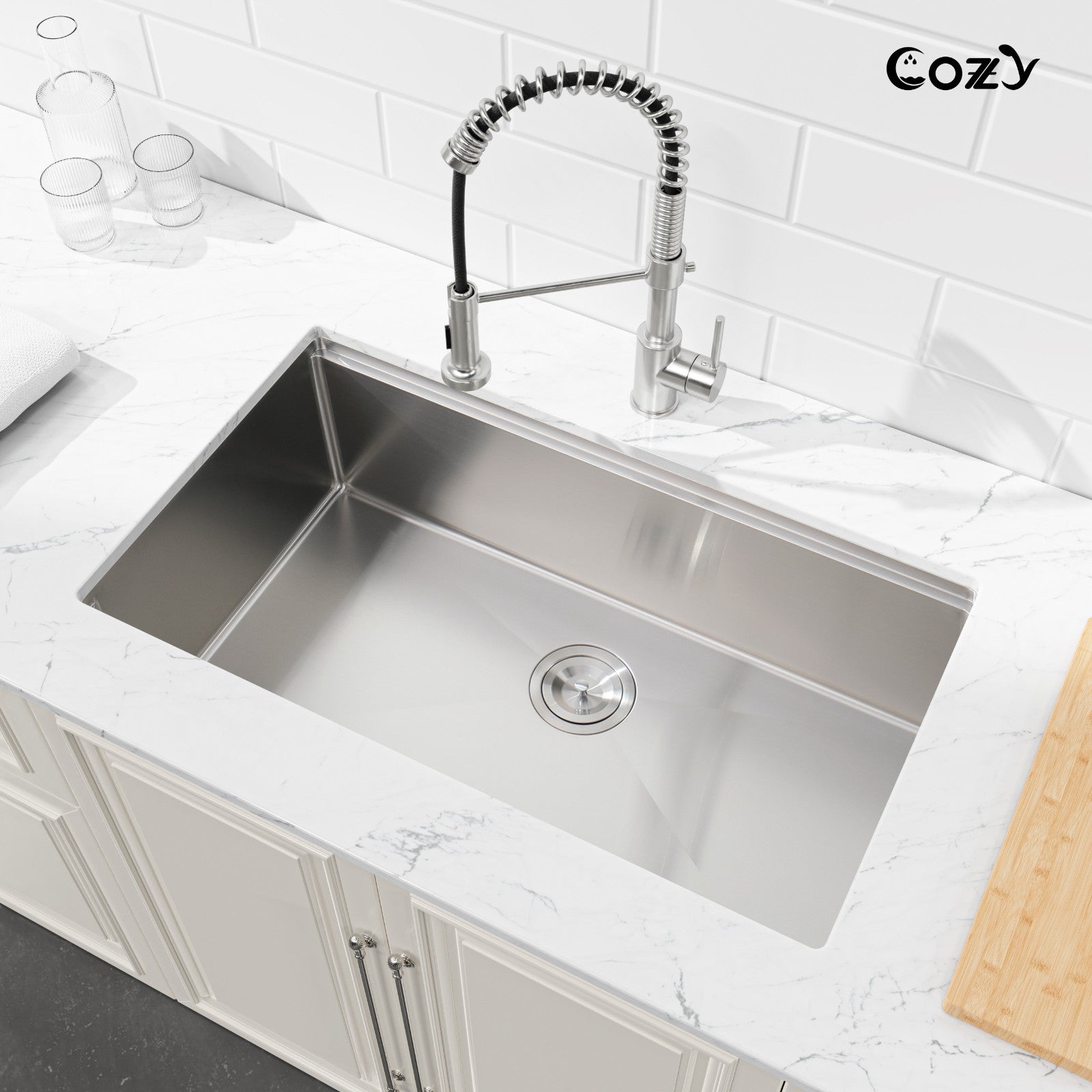 Cozy undermount stainless steel Brush Nickel sink 36x19x10 inch with accessory