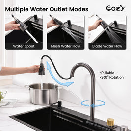 Multifunctional Overmount Sink with Pull-down&Waterfall Faucet&Cutting Board