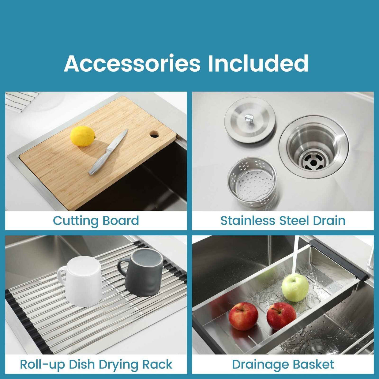 Cozy n Bath 33x22 inch overmount kitchen sink with accessors and drain,SS-BR01D-332208