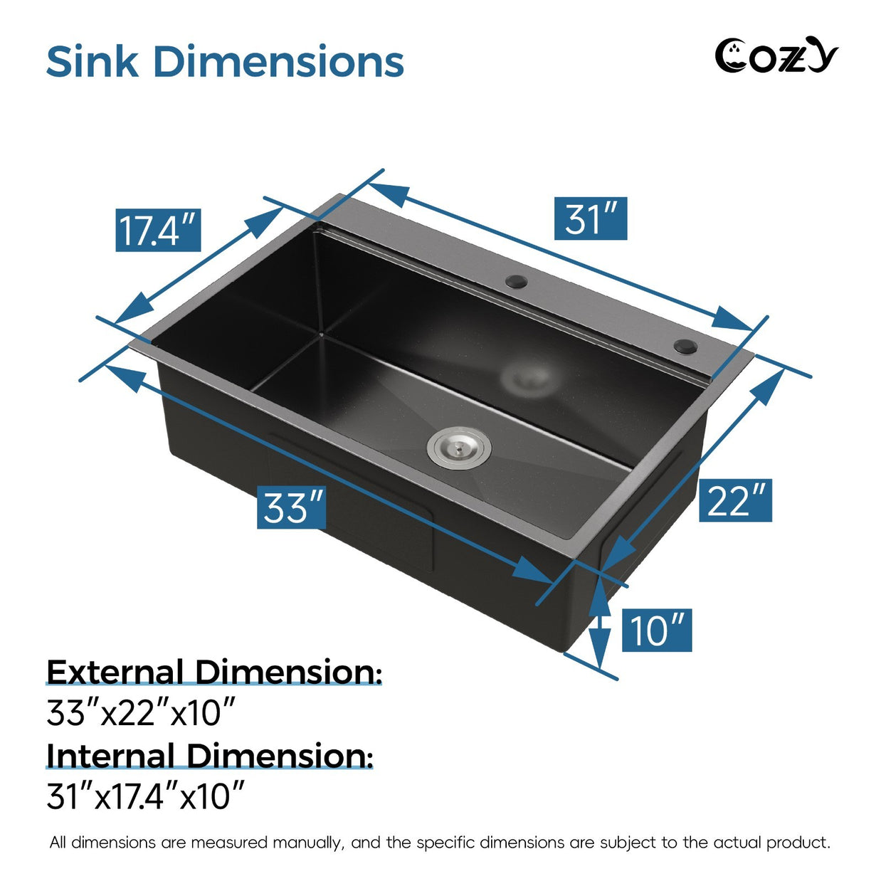 Cozy n Bath 33x22 inch overmount kitchen sink with accessors and drain