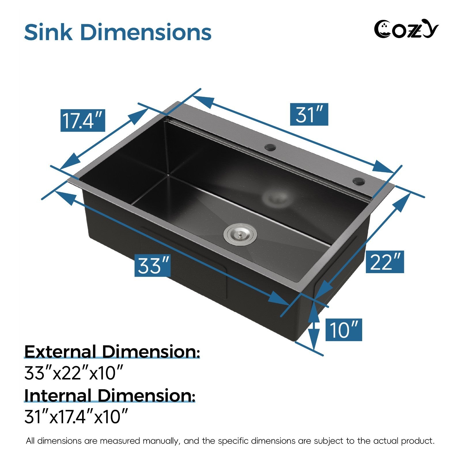 Cozy n Bath 33x22 inch overmount kitchen sink with accessors and drain