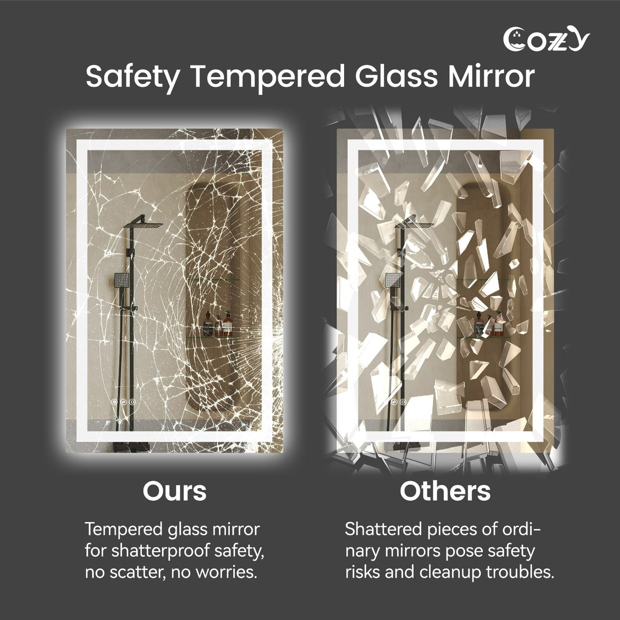24x36'' LED Bathroom Mirror Wall Vanity Mirror Dimmable Anti-fog Tempered Glass