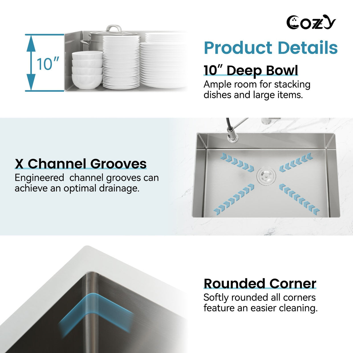COZY Stainless Steel Kitchen Sink, 30
