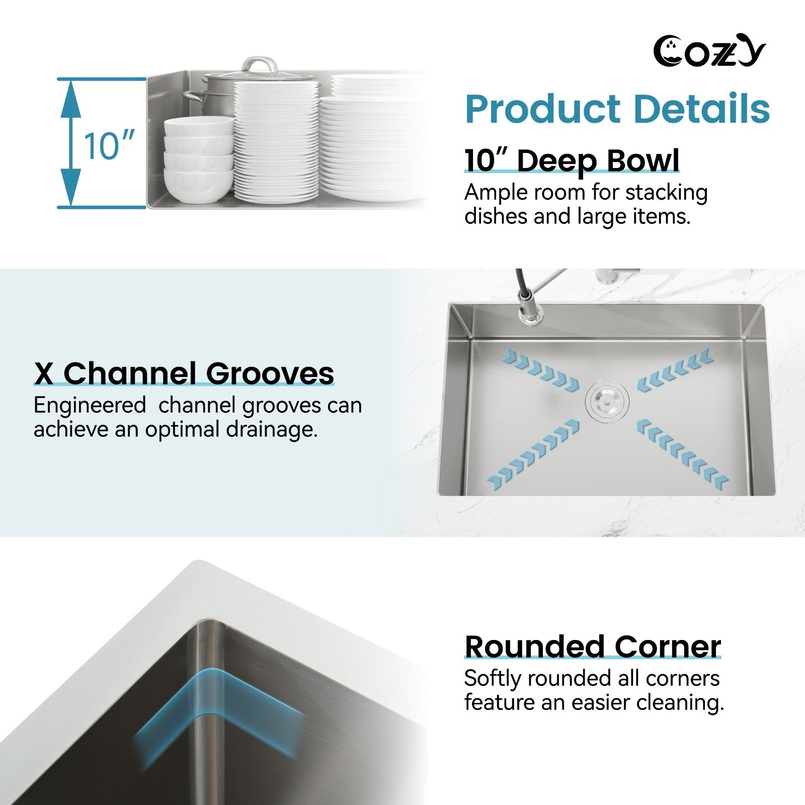 COZY Stainless Steel Kitchen Sink, 30