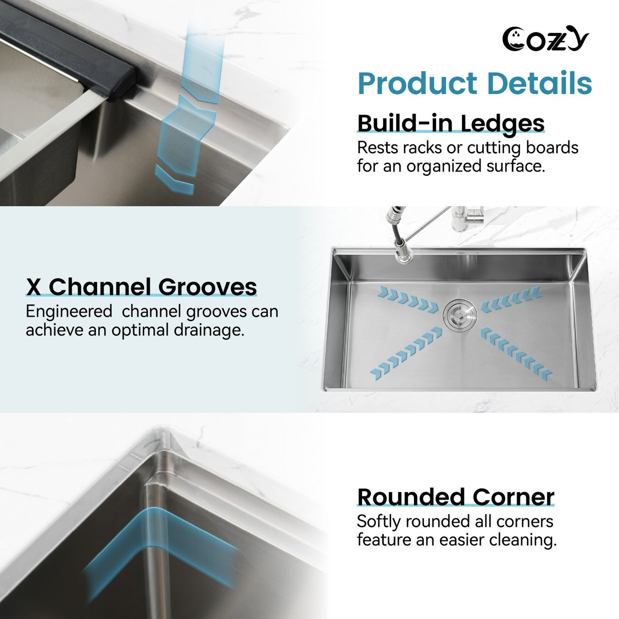 Cozy undermount stainless steel Brush Nickel sink 36x19x10 inch with accessory