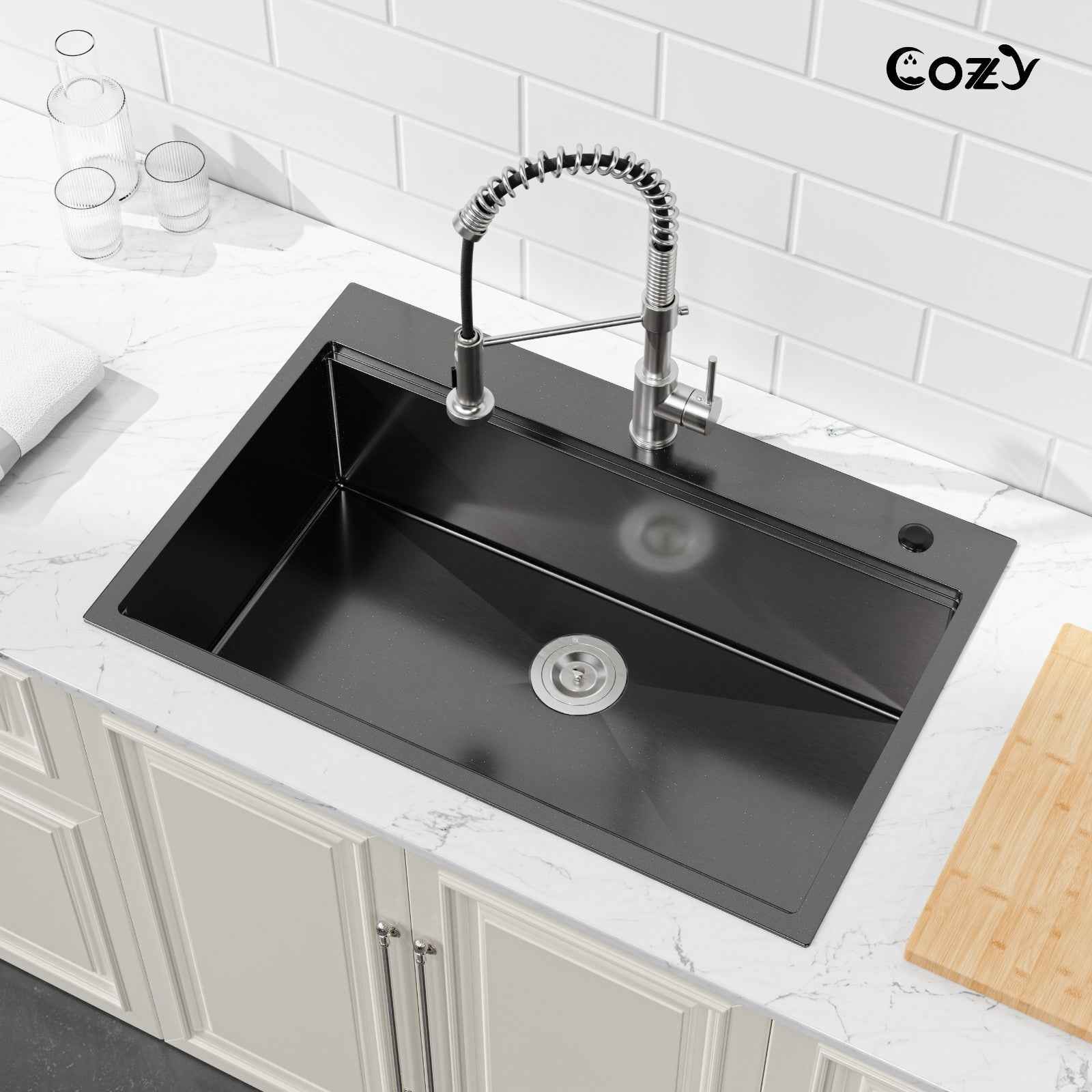 Cozy n Bath 33x22 inch overmount kitchen sink with accessors and drain,SS-BL01D-332208-2