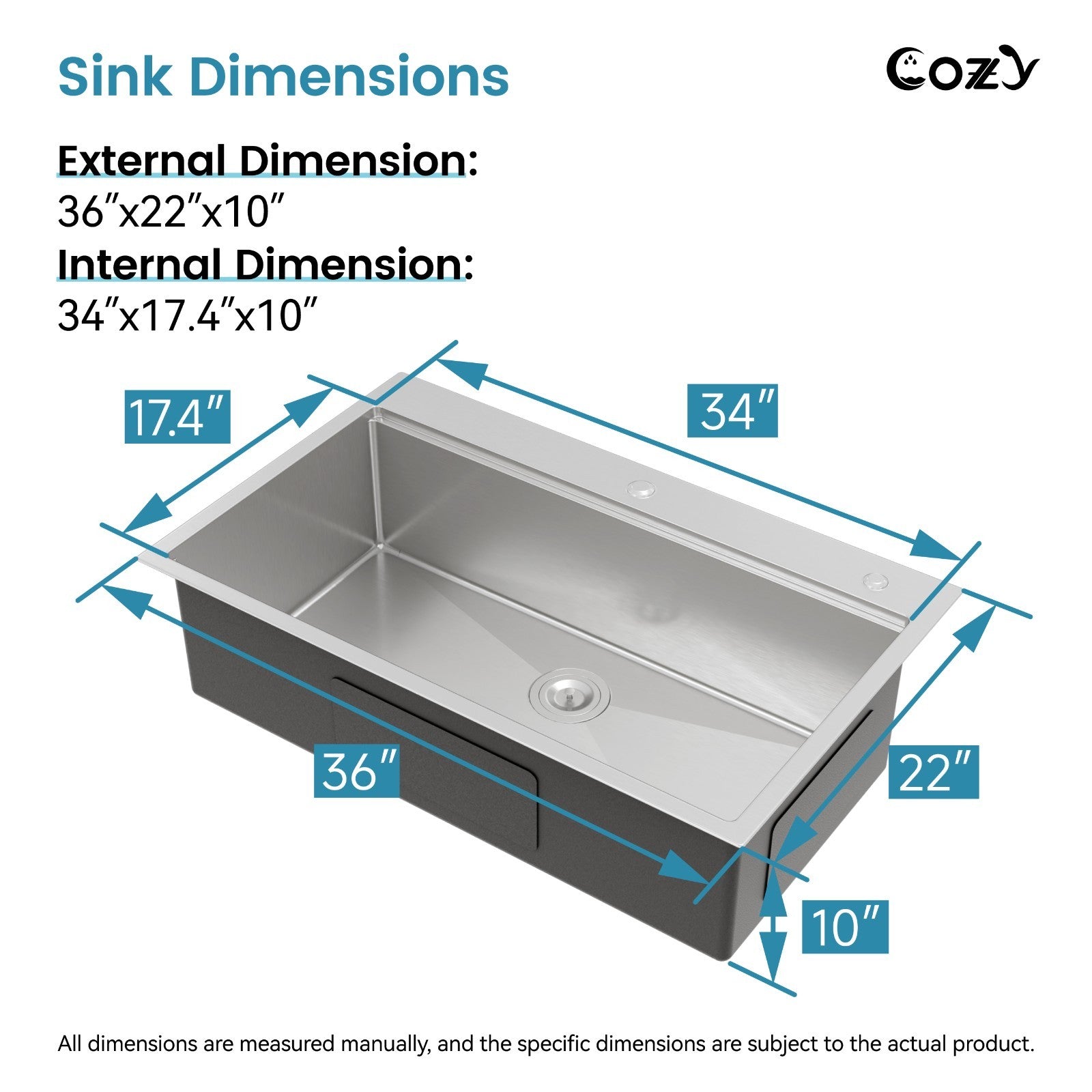 Cozy n Bath 36x22 inch overmount kitchen sink with accessors and drain