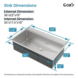 Cozy n Bath 36x22 inch overmount kitchen sink with accessors and drain