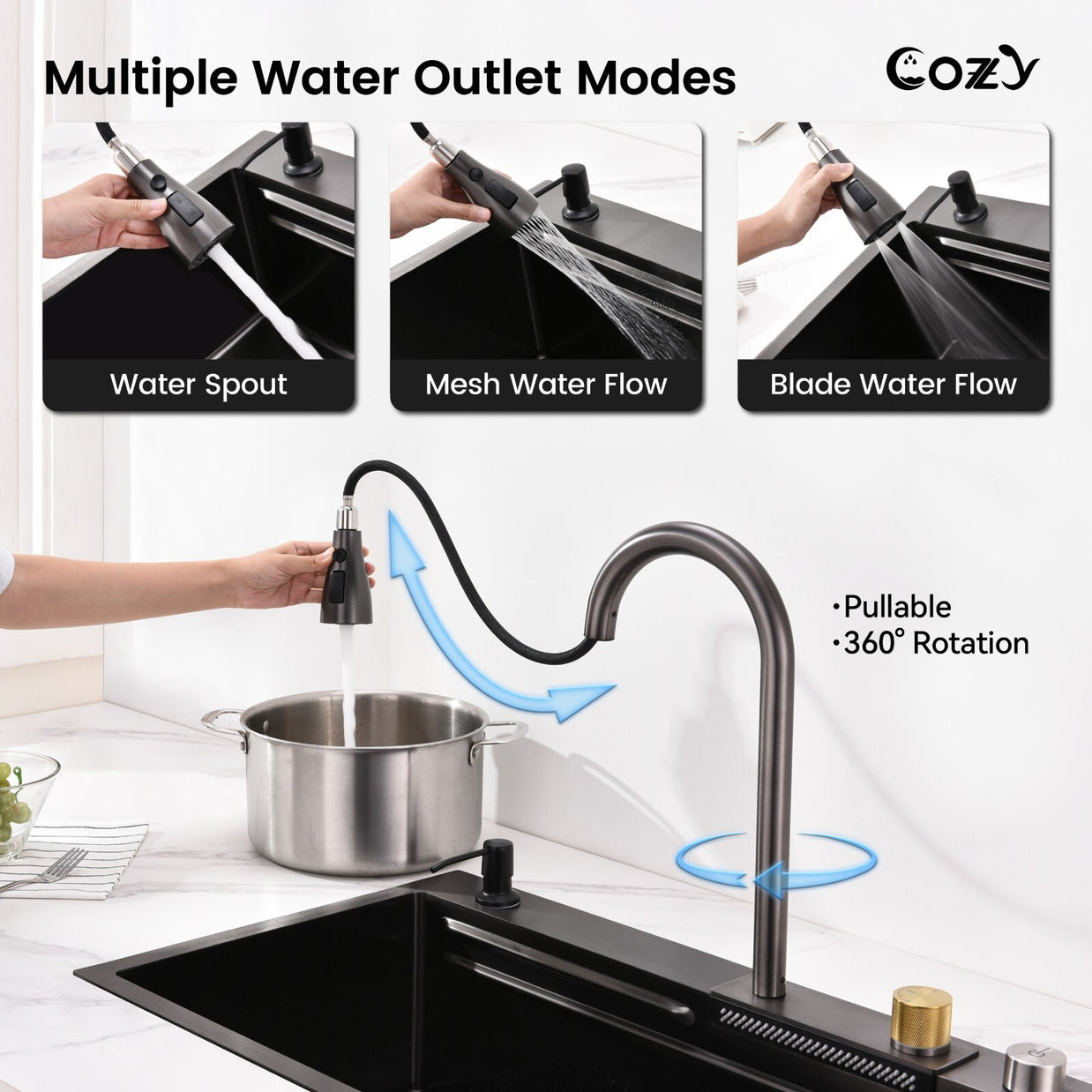 30x22 Cozy Multifunctional Drop-in Sink Pull-down&Waterfall Faucet&Cutting Board