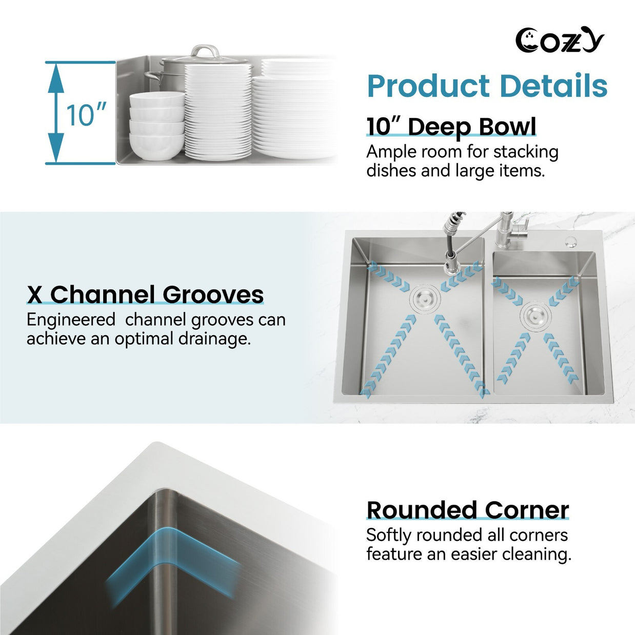 COZY Stainless Steel Kitchen Sink, 33