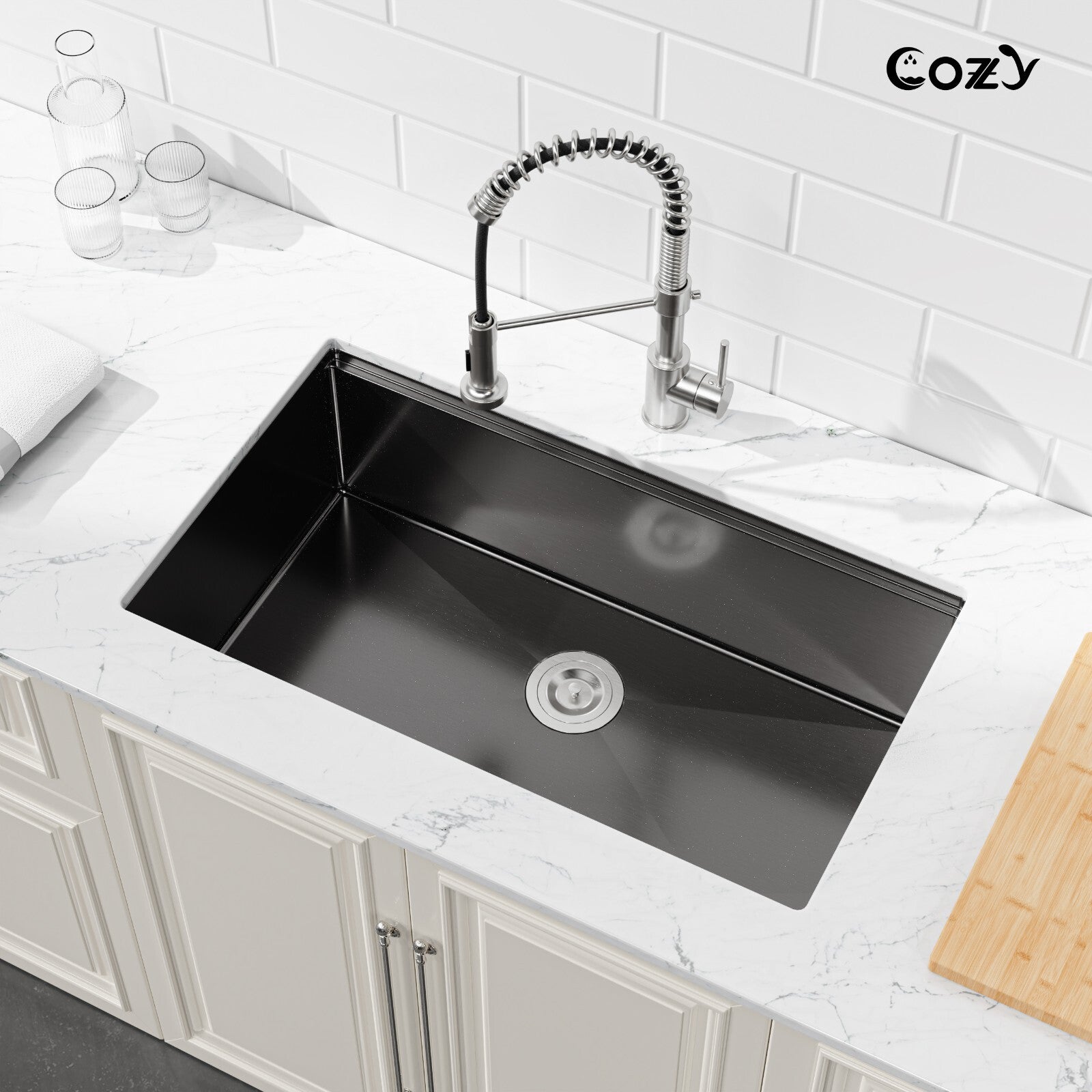 Cozy undermount stainless steel black sink 33x19x8 inch with accessory