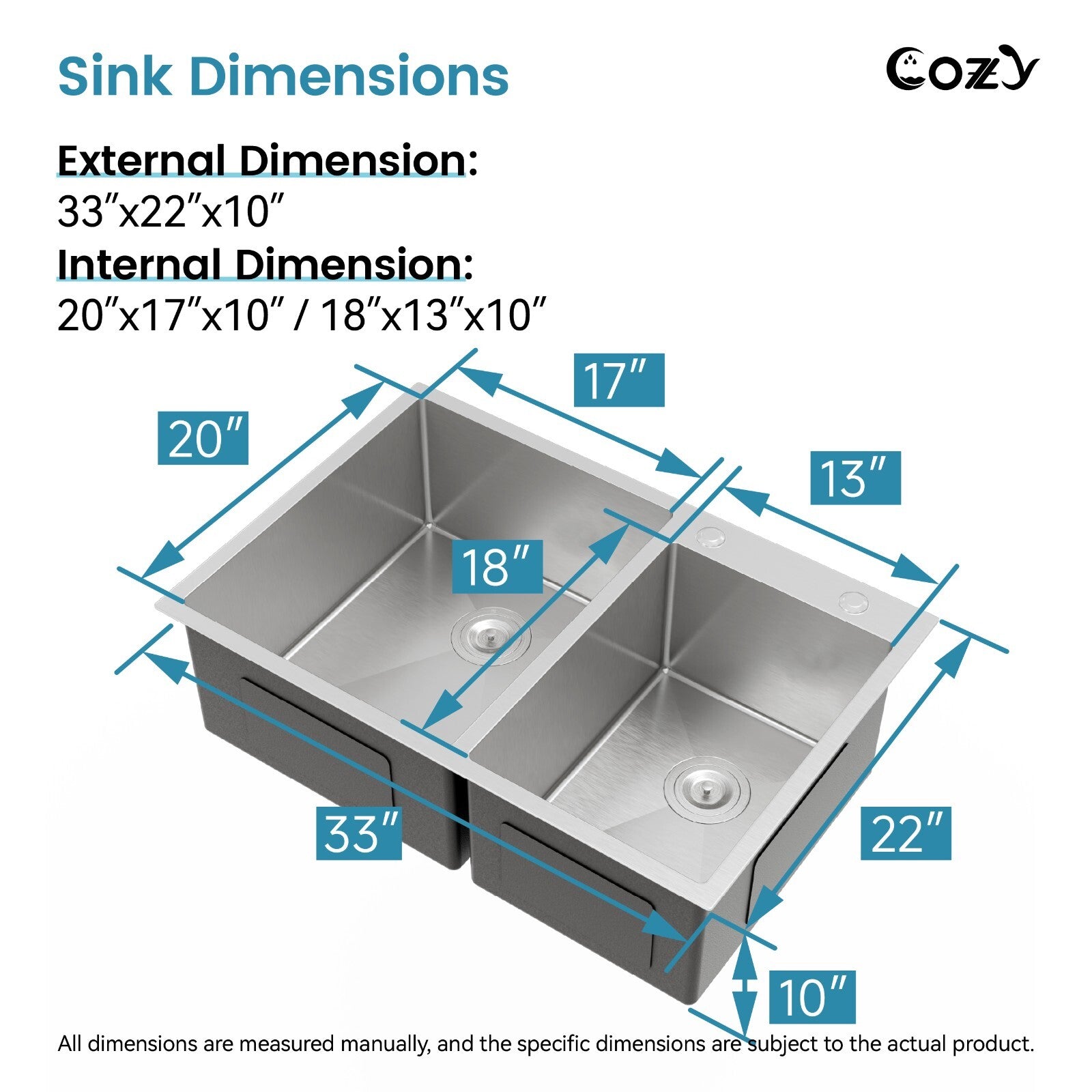 COZY Stainless Steel Kitchen Sink, 33