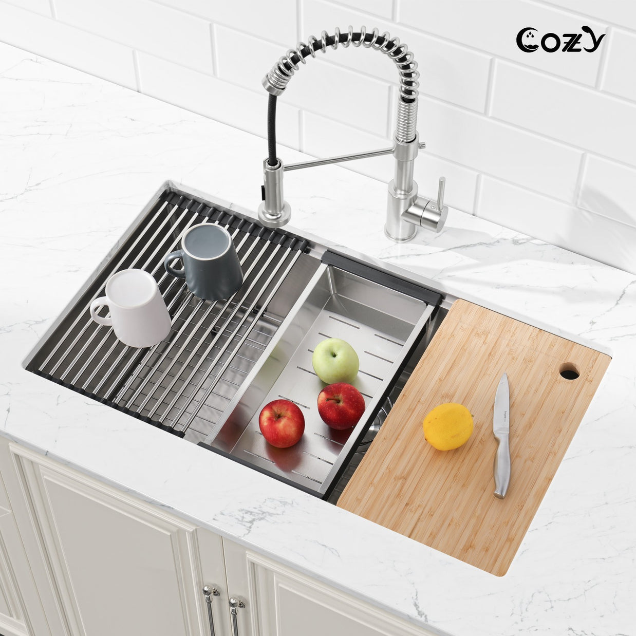 Cozy undermount stainless steel Brush Nickel sink 36x19x10 inch with accessory