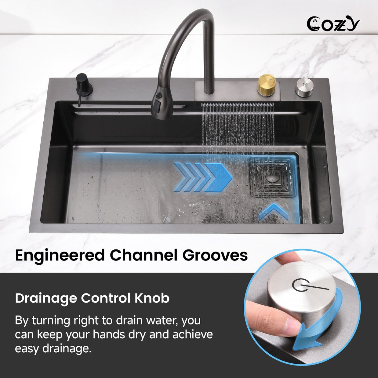 Multifunctional Overmount Sink with Pull-down&Waterfall Faucet&Cutting Board
