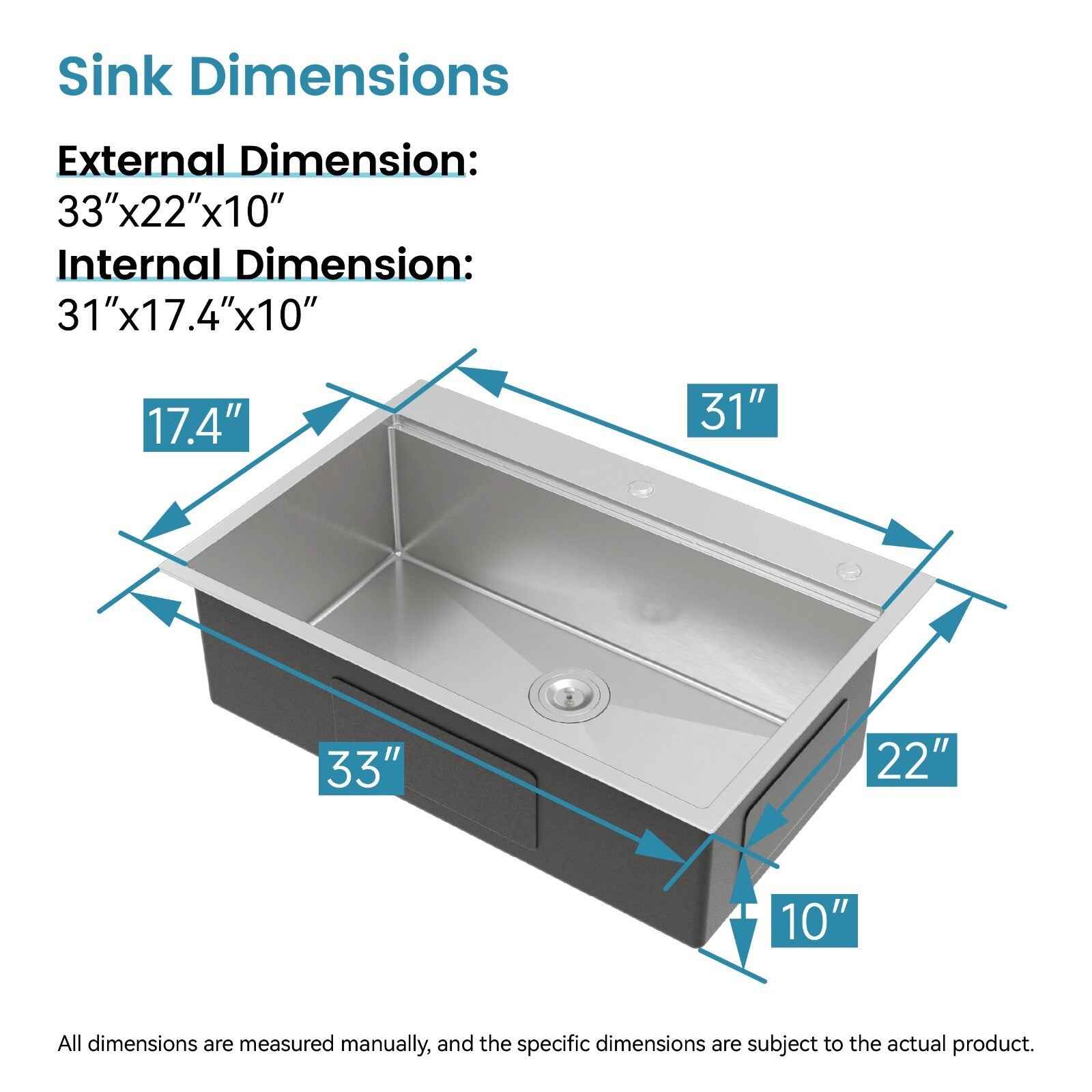 Cozy n Bath 33x22 inch overmount kitchen sink with accessors and drain,SS-BR01D-332208