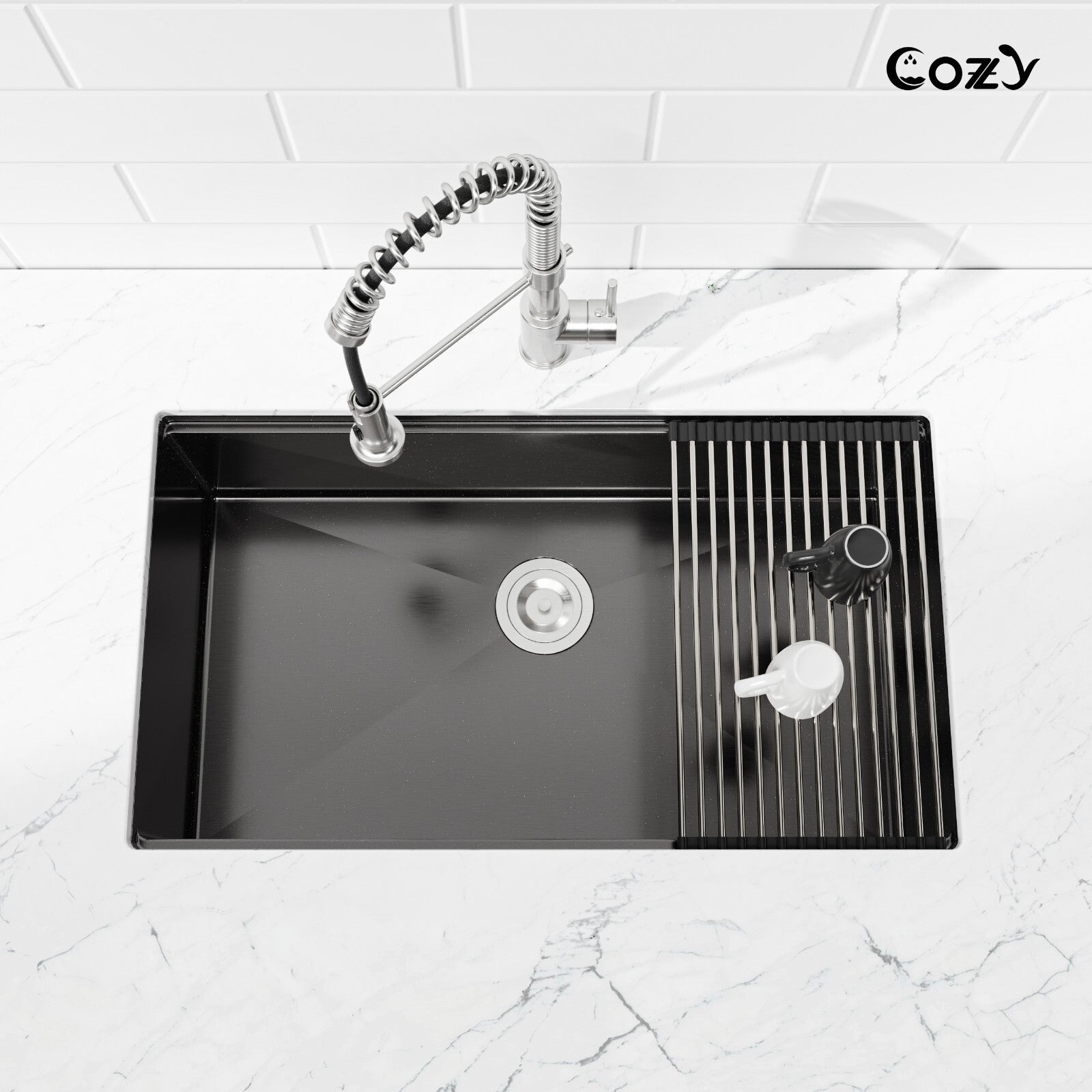 Cozy undermount stainless steel black sink 33x19x8 inch with accessory